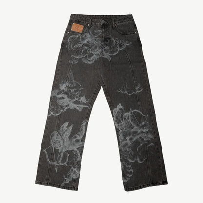 Cherub Engraving Baggy Jeans — Black rear flat lay