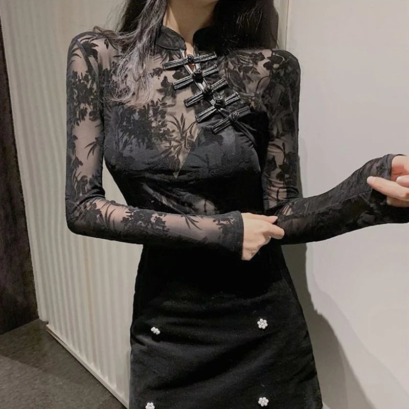 Black Lace Sheer Turtleneck Top