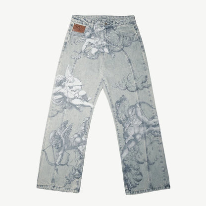 Cherub Engraving Baggy Jeans — Sky Blue rear flat lay