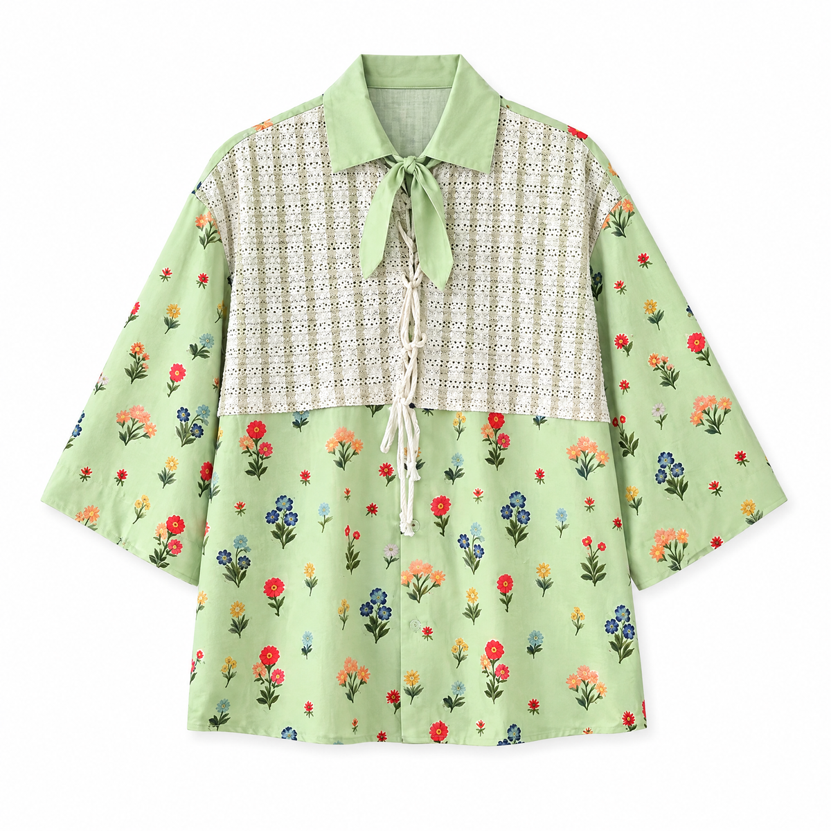 Botanical Patchwork Short Sleeve Shirt green flat lay on white background