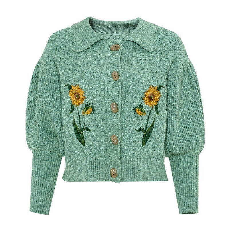 Cárdigan de punto con mangas abullonadas y girasoles de Van Gogh 