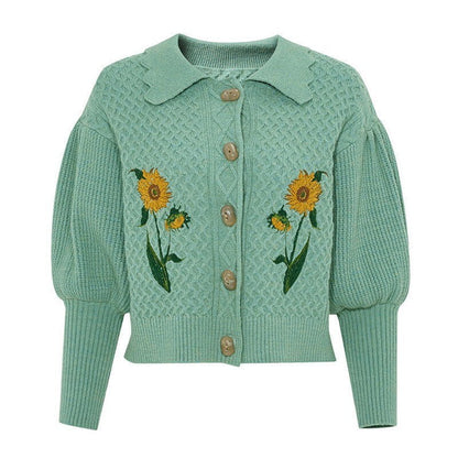 Cárdigan de punto con mangas abullonadas y girasoles de Van Gogh 