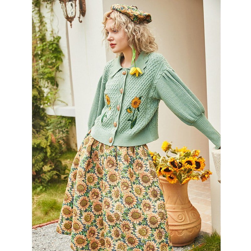 Cárdigan de punto con mangas abullonadas y girasoles de Van Gogh 