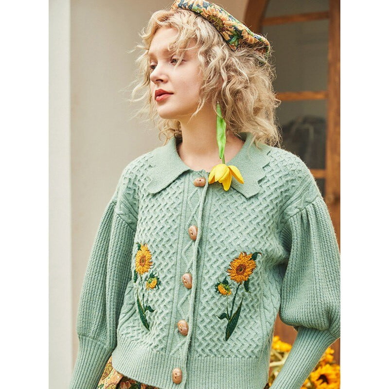 Cárdigan de punto con mangas abullonadas y girasoles de Van Gogh 