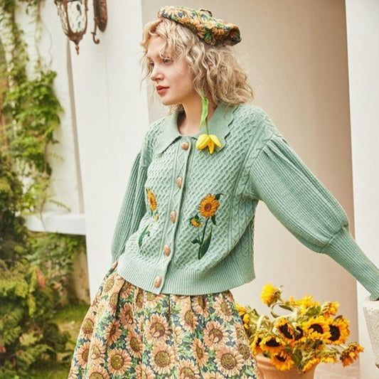 Cárdigan de punto con mangas abullonadas y girasoles de Van Gogh 