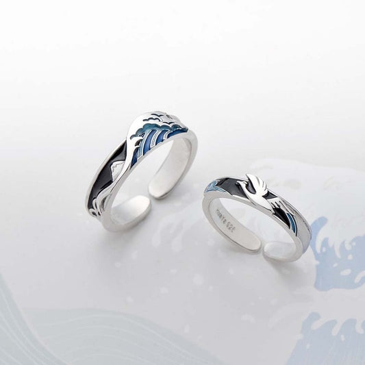 La gran ola de los anillos de pareja de kanagawa. 
